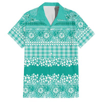 Hawaiian Hibiscus Honu Family Matching Off Shoulder Short Dress and Hawaiian Shirt Turquoise Mele Kalikimaka Palaka Spirit - Polynesian Pride