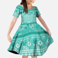 Hawaiian Hibiscus Honu Kid Short Sleeve Dress Turquoise Mele Kalikimaka Palaka Spirit LT9 KID Turquoise - Polynesian Pride