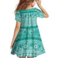 Hawaiian Hibiscus Honu Kid Short Sleeve Dress Turquoise Mele Kalikimaka Palaka Spirit LT9 - Polynesian Pride