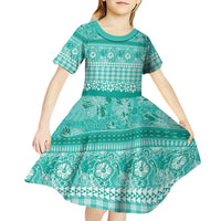 Hawaiian Hibiscus Honu Kid Short Sleeve Dress Turquoise Mele Kalikimaka Palaka Spirit LT9 - Polynesian Pride
