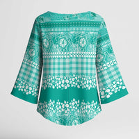 Hawaiian Hibiscus Honu Kimono Sleeve Blouse Turquoise Mele Kalikimaka Palaka Spirit - Polynesian Pride