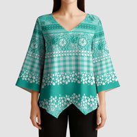 Hawaiian Hibiscus Honu Kimono Sleeve Blouse Turquoise Mele Kalikimaka Palaka Spirit - Polynesian Pride
