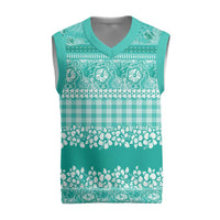 Hawaiian Hibiscus Honu Christmas Knitted V-Neck Vest Turquoise Mele Kalikimaka Palaka Spirit - Polynesian Pride