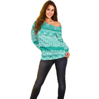 Hawaiian Hibiscus Honu Off Shoulder Sweater Turquoise Mele Kalikimaka Palaka Spirit - Polynesian Pride