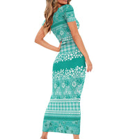 Hawaiian Hibiscus Honu Short Sleeve Bodycon Dress Turquoise Mele Kalikimaka Palaka Spirit - Polynesian Pride