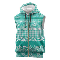 Hawaiian Hibiscus Honu Sleeveless Zip Hoodie Turquoise Mele Kalikimaka Palaka Spirit LT9 Turquoise - Polynesian Pride