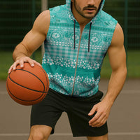 Hawaiian Hibiscus Honu Sleeveless Zip Hoodie Turquoise Mele Kalikimaka Palaka Spirit LT9 - Polynesian Pride
