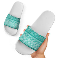 Hawaiian Hibiscus Honu Slide Sandals Turquoise Mele Kalikimaka Palaka Spirit - Polynesian Pride