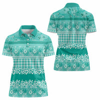 Hawaiian Hibiscus Honu Women Polo Shirt Turquoise Mele Kalikimaka Palaka Spirit - Polynesian Pride