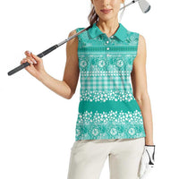 Hawaiian Hibiscus Honu Women Sleeveless Polo Shirt Turquoise Mele Kalikimaka Palaka Spirit - Polynesian Pride