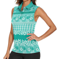 Hawaiian Hibiscus Honu Women Sleeveless Polo Shirt Turquoise Mele Kalikimaka Palaka Spirit - Polynesian Pride