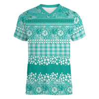 Hawaiian Hibiscus Honu Women V-Neck T-Shirt Turquoise Mele Kalikimaka Palaka Spirit - Polynesian Pride