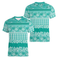Hawaiian Hibiscus Honu Women V-Neck T-Shirt Turquoise Mele Kalikimaka Palaka Spirit - Polynesian Pride