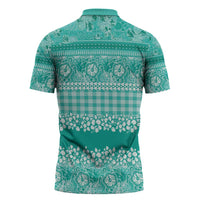 Hawaiian Hibiscus Honu Zipper Polo Shirt Turquoise Mele Kalikimaka Palaka Spirit LT9 - Polynesian Pride