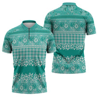 Hawaiian Hibiscus Honu Zipper Polo Shirt Turquoise Mele Kalikimaka Palaka Spirit LT9 - Polynesian Pride