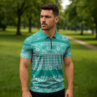 Hawaiian Hibiscus Honu Zipper Polo Shirt Turquoise Mele Kalikimaka Palaka Spirit LT9 - Polynesian Pride