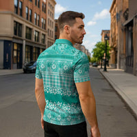 Hawaiian Hibiscus Honu Zipper Polo Shirt Turquoise Mele Kalikimaka Palaka Spirit LT9 - Polynesian Pride