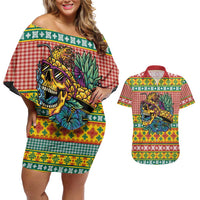 Hawaiian Pineapples Skull Couples Matching Off Shoulder Short Dress and Hawaiian Shirt Mele Kalikimaka Palaka Quilt Pattern LT9 Yellow - Polynesian Pride