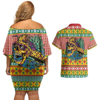 Hawaiian Pineapples Skull Couples Matching Off Shoulder Short Dress and Hawaiian Shirt Mele Kalikimaka Palaka Quilt Pattern LT9 - Polynesian Pride