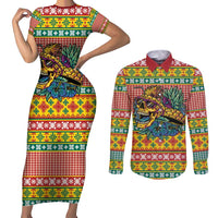 Hawaiian Pineapples Skull Couples Matching Short Sleeve Bodycon Dress and Long Sleeve Button Shirt Mele Kalikimaka Palaka Quilt Pattern - Polynesian Pride