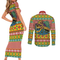 Hawaiian Pineapples Skull Couples Matching Short Sleeve Bodycon Dress and Long Sleeve Button Shirt Mele Kalikimaka Palaka Quilt Pattern - Polynesian Pride