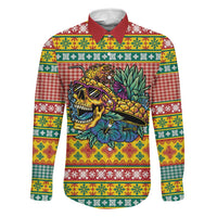 Hawaiian Pineapples Skull Family Matching Off The Shoulder Long Sleeve Dress and Hawaiian Shirt Mele Kalikimaka Palaka Quilt Pattern LT9 Dad's Shirt - Long Sleeve Yellow - Polynesian Pride