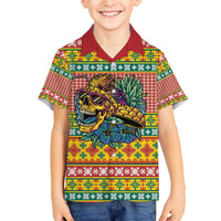 Hawaiian Pineapples Skull Family Matching Off The Shoulder Long Sleeve Dress and Hawaiian Shirt Mele Kalikimaka Palaka Quilt Pattern LT9 - Polynesian Pride