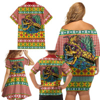 Hawaiian Pineapples Skull Family Matching Off Shoulder Short Dress and Hawaiian Shirt Mele Kalikimaka Palaka Quilt Pattern - Polynesian Pride