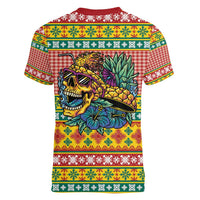 Hawaiian Pineapples Skull Women V-Neck T-Shirt Mele Kalikimaka Palaka Quilt Pattern - Polynesian Pride