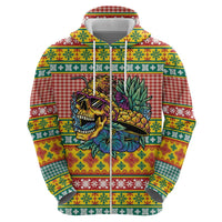 Hawaiian Pineapples Skull Zip Hoodie Mele Kalikimaka Palaka Quilt Pattern - Polynesian Pride