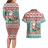 Hawaiian Funny Santa Surf Couples Matching Long Sleeve Bodycon Dress and Hawaiian Shirt Mele Kalikimaka Palaka Quilt Pattern - Polynesian Pride