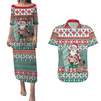 Hawaiian Funny Santa Surf Couples Matching Puletasi and Hawaiian Shirt Mele Kalikimaka Palaka Quilt Pattern - Polynesian Pride