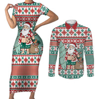 Hawaiian Funny Santa Surf Couples Matching Short Sleeve Bodycon Dress and Long Sleeve Button Shirt Mele Kalikimaka Palaka Quilt Pattern LT9 Green - Polynesian Pride