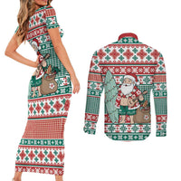 Hawaiian Funny Santa Surf Couples Matching Short Sleeve Bodycon Dress and Long Sleeve Button Shirt Mele Kalikimaka Palaka Quilt Pattern LT9 - Polynesian Pride