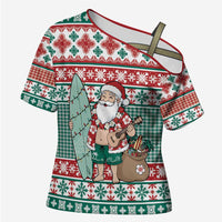Hawaiian Funny Santa Surf Cross Shoulder Shirt Mele Kalikimaka Palaka Quilt Pattern LT9 Female Green - Polynesian Pride