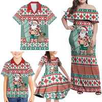Hawaiian Funny Santa Surf Family Matching Off Shoulder Maxi Dress and Hawaiian Shirt Mele Kalikimaka Palaka Quilt Pattern - Polynesian Pride