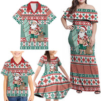Hawaiian Funny Santa Surf Family Matching Off Shoulder Maxi Dress and Hawaiian Shirt Mele Kalikimaka Palaka Quilt Pattern - Polynesian Pride