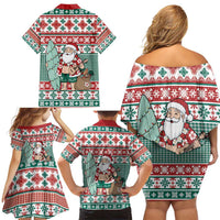 Hawaiian Funny Santa Surf Family Matching Off Shoulder Short Dress and Hawaiian Shirt Mele Kalikimaka Palaka Quilt Pattern - Polynesian Pride