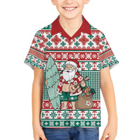 Hawaiian Funny Santa Surf Family Matching Off Shoulder Short Dress and Hawaiian Shirt Mele Kalikimaka Palaka Quilt Pattern - Polynesian Pride