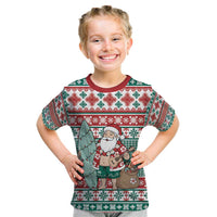 Hawaiian Funny Santa Surf Kid T Shirt Mele Kalikimaka Palaka Quilt Pattern LT9 Green - Polynesian Pride