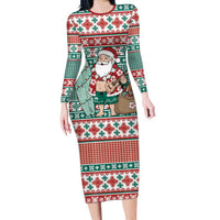 Hawaiian Funny Santa Surf Long Sleeve Bodycon Dress Mele Kalikimaka Palaka Quilt Pattern LT9 Long Dress Green - Polynesian Pride
