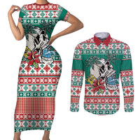 Hawaiian Skull Surfs Couples Matching Short Sleeve Bodycon Dress and Long Sleeve Button Shirt Mele Kalikimaka Palaka Quilt Pattern LT9 Green - Polynesian Pride