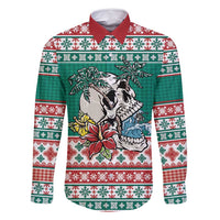 Hawaiian Skull Surfs Family Matching Long Sleeve Bodycon Dress and Hawaiian Shirt Mele Kalikimaka Palaka Quilt Pattern - Polynesian Pride