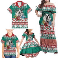 Hawaiian Skull Surfs Family Matching Off Shoulder Maxi Dress and Hawaiian Shirt Mele Kalikimaka Palaka Quilt Pattern - Polynesian Pride