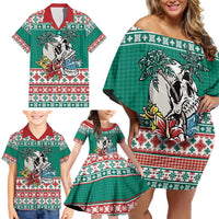 Hawaiian Skull Surfs Family Matching Off Shoulder Short Dress and Hawaiian Shirt Mele Kalikimaka Palaka Quilt Pattern - Polynesian Pride