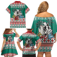Hawaiian Skull Surfs Family Matching Off Shoulder Short Dress and Hawaiian Shirt Mele Kalikimaka Palaka Quilt Pattern - Polynesian Pride