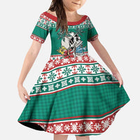 Hawaiian Skull Surfs Family Matching Short Sleeve Bodycon Dress and Hawaiian Shirt Mele Kalikimaka Palaka Quilt Pattern LT9 Daughter's Dress Green - Polynesian Pride