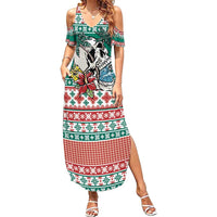 Hawaiian Skull Surfs Family Matching Summer Maxi Dress and Hawaiian Shirt Mele Kalikimaka Palaka Quilt Pattern - Polynesian Pride