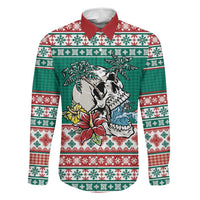 Hawaiian Skull Surfs Family Matching Tank Maxi Dress and Hawaiian Shirt Mele Kalikimaka Palaka Quilt Pattern LT9 Dad's Shirt - Long Sleeve Green - Polynesian Pride