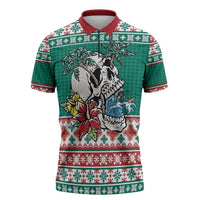 Hawaiian Skull Surfs Zipper Polo Shirt Mele Kalikimaka Palaka Quilt Pattern - Polynesian Pride
